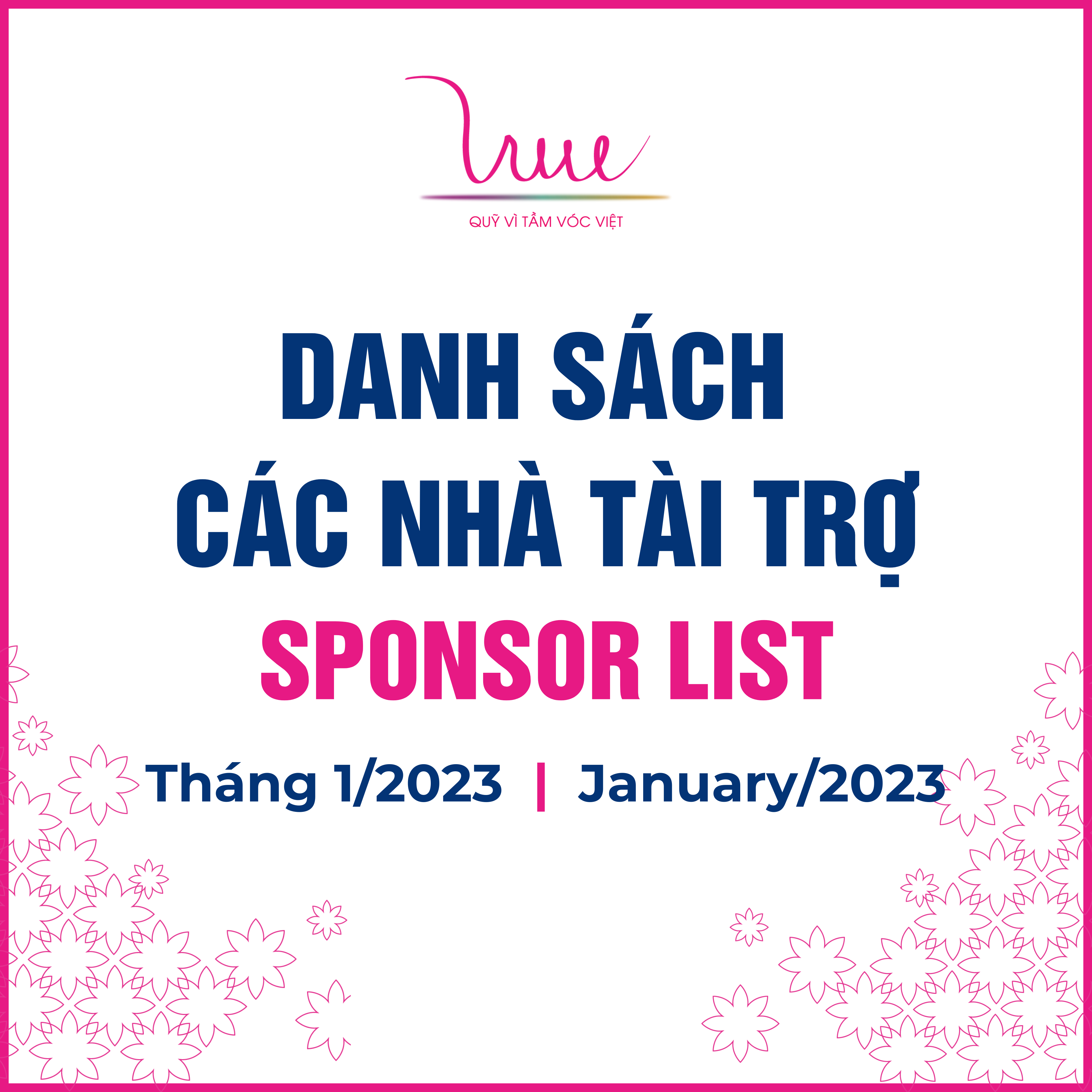 Danh sách các nhà tài trợ tháng 1 năm 2023